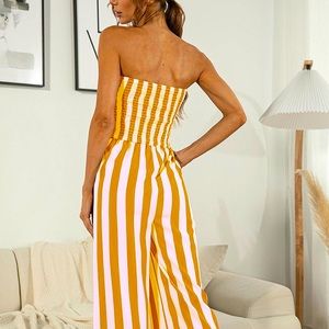 Yellow & white stripe  strapless jumpsuit